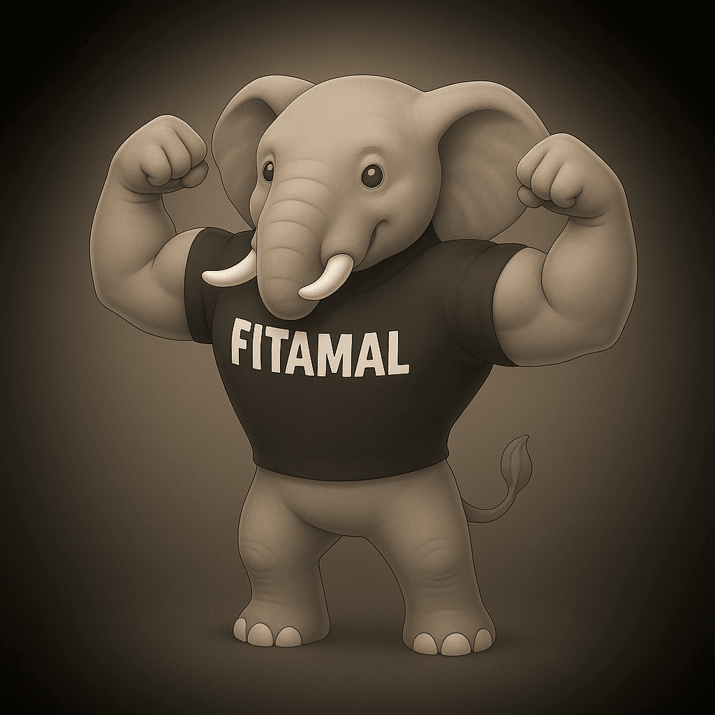 The Fitamal mascot, a muscular elephant flexing in a Fitamal shirt